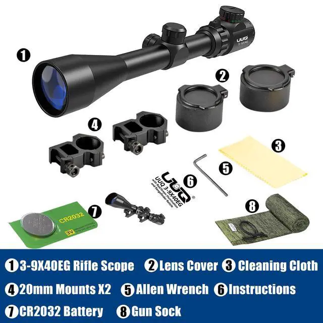 Alt view image 6 of 7 - 3-9x40 Rifle Scope with Red/Green Illuminated Rangefinder Reticle, 20mm Picatinny/Weaver Rings Included, 1/4 MOA Adjustment, Fast Focus Eyepiece, Waterproof Fogproof