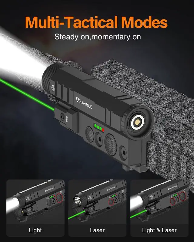 Alt view image 3 of 6 - Mlok Picatinny Tactical Flashlight Green Laser Sight Combo | 2400 Lumen Max,Light with Momentary Strobe Function