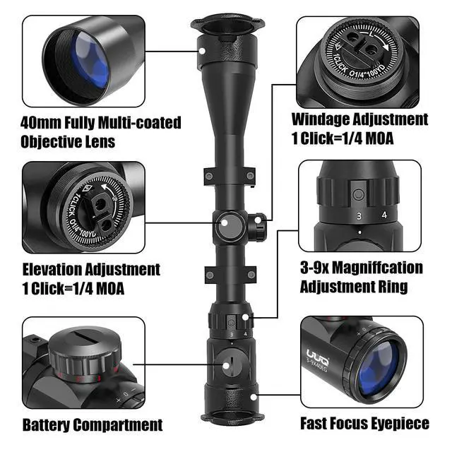 Alt view image 7 of 7 - 3-9x40 Rifle Scope with Red/Green Illuminated Rangefinder Reticle, 20mm Picatinny/Weaver Rings Included, 1/4 MOA Adjustment, Fast Focus Eyepiece, Waterproof Fogproof