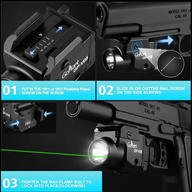 Alt view image 7 of 7 - 1500 Lumens Compact Weapon Laser Light, Aircraft Grade Aluminum Pistol Light, Adjustable Rail-Mounted Handgun Light and Green Laser Combo