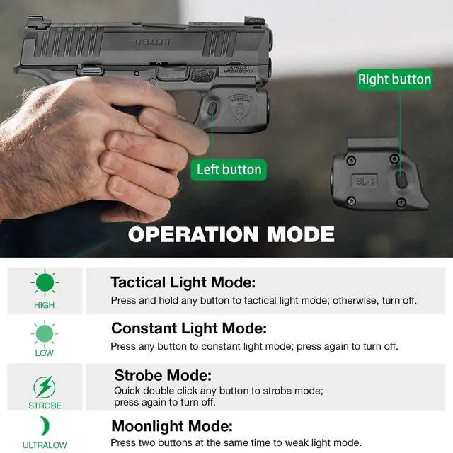 Alt view image 5 of 7 - 150 Lumens Tatical Light with Kydex Holster Combo Tailored Made for Springfield Hellcat - Not Fit Hellcat Pro Pistol, Mini LED Flashlight SL-1 w/Hellcat Holster