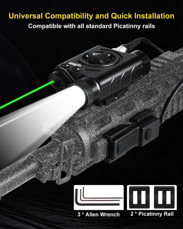 Alt view image 2 of 5 - 1200 Lumens Tactical Laser Light Combo for Rifle, Weapon Light + Green Laser + IR Laser Compatible with Picatinny/M-LOK Rails, 3-Level Light Brightness Flashlight with Remote Pressure Switch
