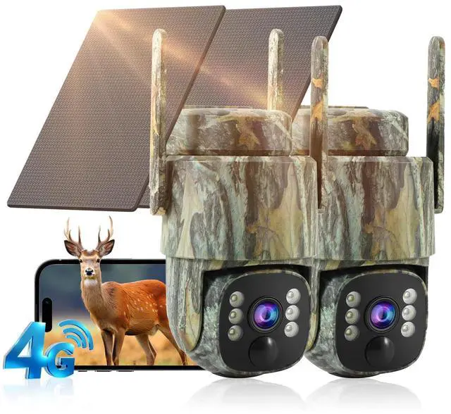 Main image of 4G LTE Cellular Trail Camera 2 Pack, Built-in SIM Card No WiFi Needed, Solar Powered Game Camera, 2K Live Streaming, 360° PTZ View, Color Night Vision, PIR Motion Alerts, Two-Way Audio, IP66