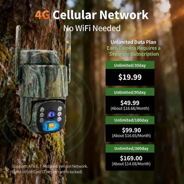 Alt view image 2 of 7 - 4G LTE Cellular Trail Camera 2 Pack, Built-in SIM Card No WiFi Needed, Solar Powered Game Camera, 2K Live Streaming, 360° PTZ View, Color Night Vision, PIR Motion Alerts, Two-Way Audio, IP66