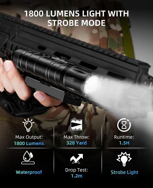 Alt view image 2 of 7 - 1800 Lumens Rifle Flashlight with Pressure Switch, Ar Flashlight for Rifle Compatible with Picatinny Rail, Offset Picatinny Light with Strobe Mode for Home Defense, Hunting