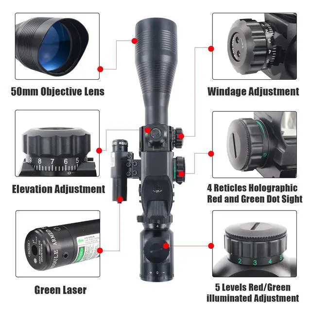 Alt view image 5 of 7 - C4-12X50 Rifle Scope Dual Illuminated Reticle W/Laser Sight and Holographic Dot Reflex Sight