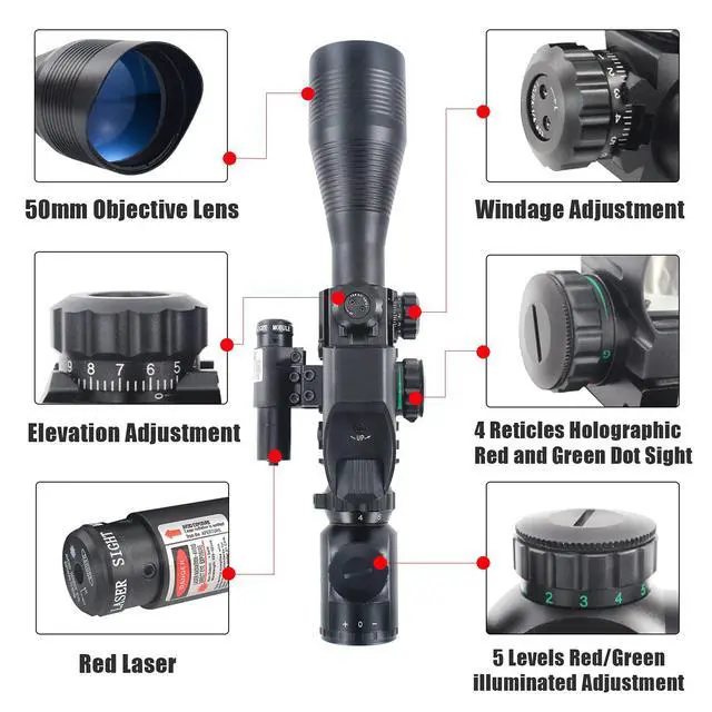 Alt view image 5 of 7 - C4-12X50 Rifle Scope Dual Illuminated Reticle W/Laser Sight and Holographic Dot Reflex Sight