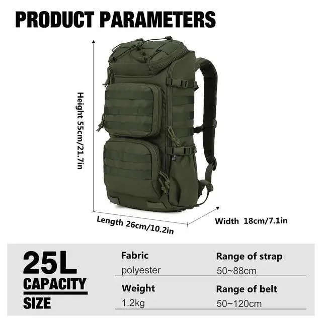Alt view image 2 of 7 - Tactical Backpacks Molle Hiking daypacks for Motorcycle Camping Hiking Military Traveling,25L Backpack