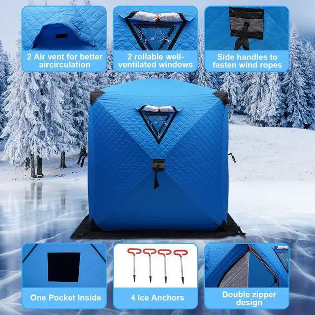 Alt view image 3 of 6 - Ice Fishing Winter Shelter 1-2 Person Portable Ice Shanty for Winter Ice Fishing Tent 3-Layer Portable Thermal Hub Tent with Carrying Bag