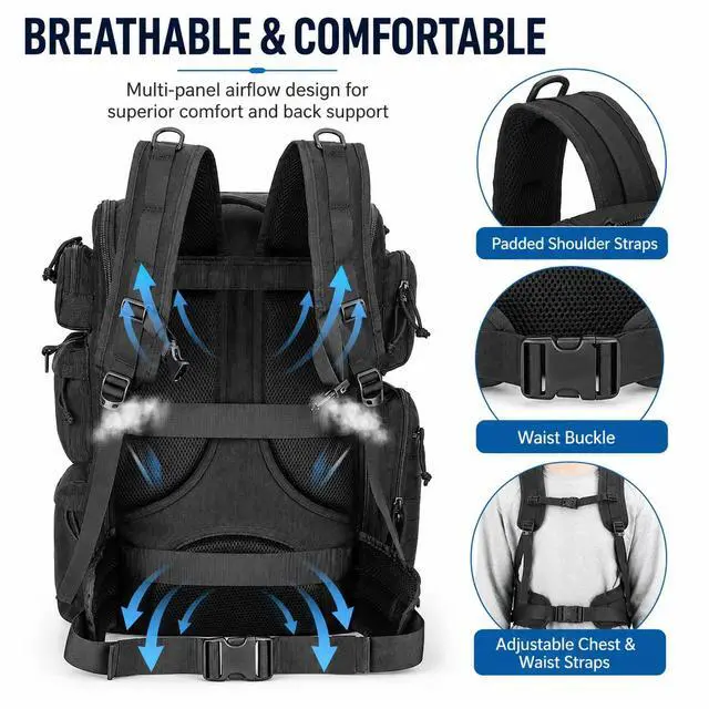 Alt view image 7 of 7 - 1000D Waterproof Tactical BackpackSoccer Backpack 50L for Sports FanMolle Systemfor HikingHuntingOutdoorFitnessCampingMilitaryTrainingBasketballFishingExplorationCompetition