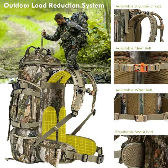 Alt view image 3 of 6 - Hunting Backpack for Men, 60/80L Camo Backpack with Waterproof Rain Cover, 600D Hunting Pack for Hunters