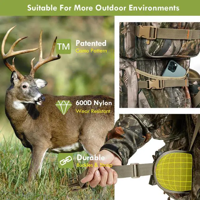Alt view image 5 of 6 - Hunting Backpack for Men, 60/80L Camo Backpack with Waterproof Rain Cover, 600D Hunting Pack for Hunters