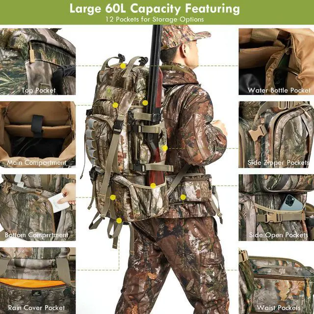 Alt view image 2 of 6 - Hunting Backpack for Men, 60/80L Camo Backpack with Waterproof Rain Cover, 600D Hunting Pack for Hunters