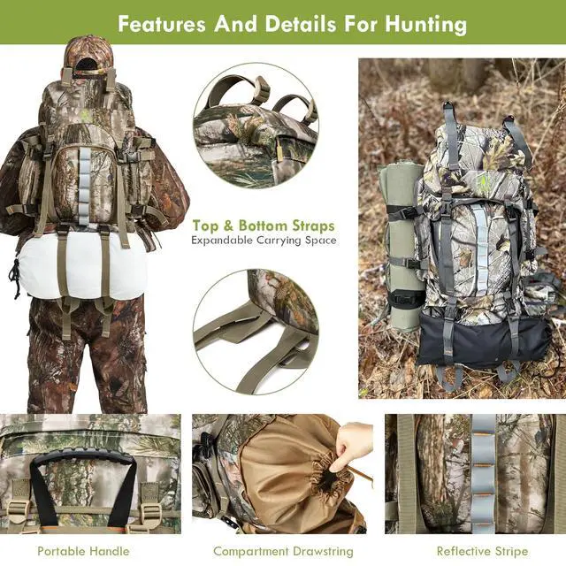 Alt view image 4 of 6 - Hunting Backpack for Men, 60/80L Camo Backpack with Waterproof Rain Cover, 600D Hunting Pack for Hunters
