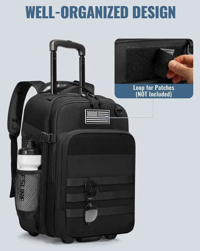 Alt view image 3 of 7 - Rolling Tactical Laptop Backpack, Underseat Travel Backpack | Wheeled Carry-On Luggage, 17" Laptop Sleeve, 4 Expandable Pockets, Molle Loop Panel, 3 Carrying Options, Lockable Zipper