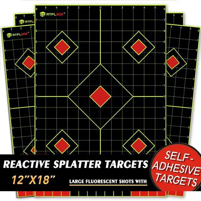 Alt view image 2 of 7 - 12x18 inch Sight in Splatter Paper Target and Adhesive Target Sticker, Two-Color Bright Fluorescent Yellow and White, Easily seen on Impact for Indoor and Outdoor Shooting Range