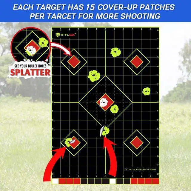 Alt view image 3 of 7 - 12x18 inch Sight in Splatter Paper Target and Adhesive Target Sticker, Two-Color Bright Fluorescent Yellow and White, Easily seen on Impact for Indoor and Outdoor Shooting Range