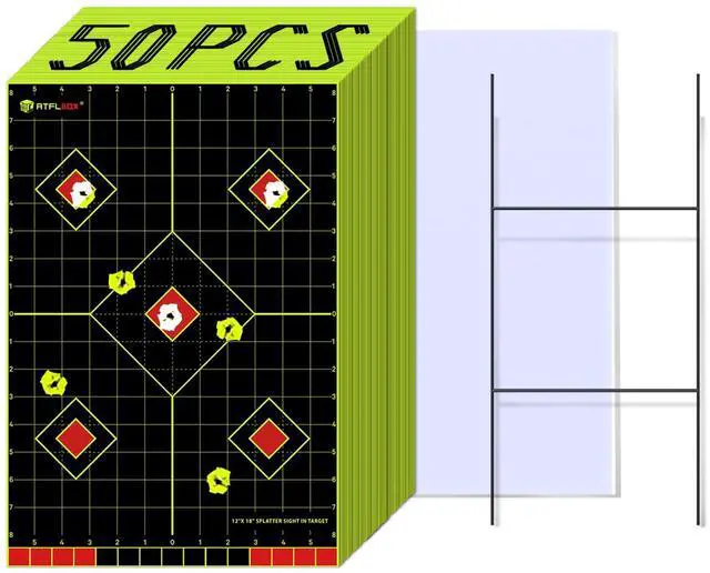 Main image of 12x18 inch Sight in Splatter Paper Target and Adhesive Target Sticker, Two-Color Bright Fluorescent Yellow and White, Easily seen on Impact for Indoor and Outdoor Shooting Range