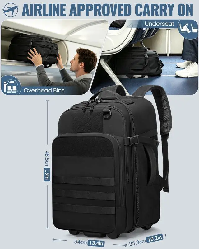 Alt view image 5 of 7 - Rolling Tactical Laptop Backpack, Underseat Travel Backpack | Wheeled Carry-On Luggage, 17" Laptop Sleeve, 4 Expandable Pockets, Molle Loop Panel, 3 Carrying Options, Lockable Zipper