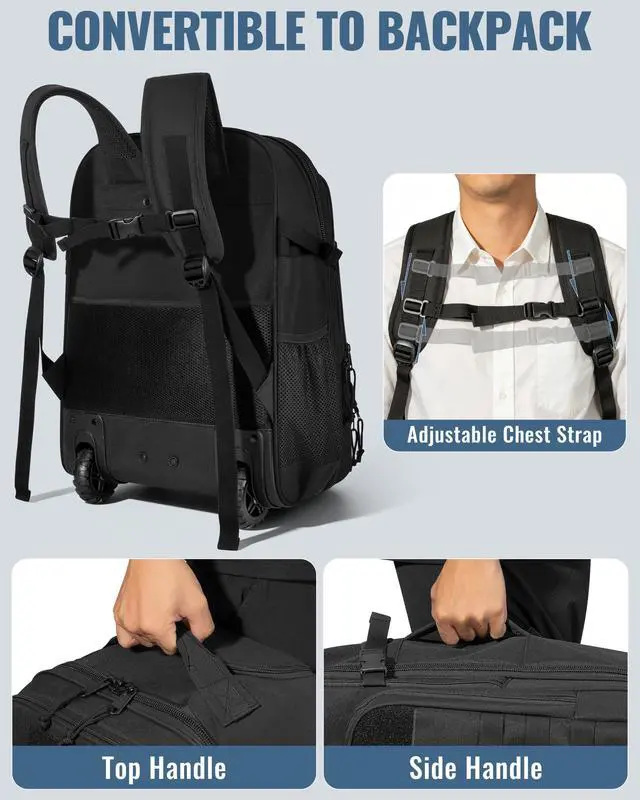 Alt view image 4 of 7 - Rolling Tactical Laptop Backpack, Underseat Travel Backpack | Wheeled Carry-On Luggage, 17" Laptop Sleeve, 4 Expandable Pockets, Molle Loop Panel, 3 Carrying Options, Lockable Zipper