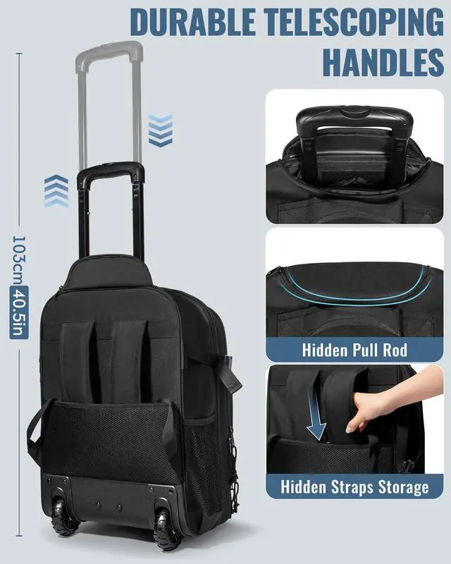 Alt view image 6 of 7 - Rolling Tactical Laptop Backpack, Underseat Travel Backpack | Wheeled Carry-On Luggage, 17" Laptop Sleeve, 4 Expandable Pockets, Molle Loop Panel, 3 Carrying Options, Lockable Zipper