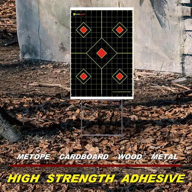 Alt view image 4 of 7 - 12x18 inch Sight in Splatter Paper Target and Adhesive Target Sticker, Two-Color Bright Fluorescent Yellow and White, Easily seen on Impact for Indoor and Outdoor Shooting Range