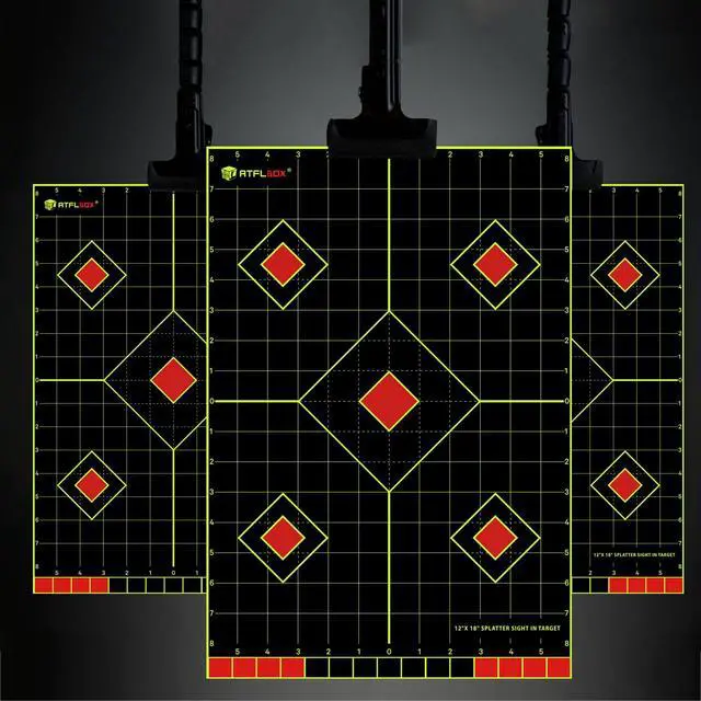 Alt view image 6 of 7 - 12x18 inch Sight in Splatter Paper Target and Adhesive Target Sticker, Two-Color Bright Fluorescent Yellow and White, Easily seen on Impact for Indoor and Outdoor Shooting Range