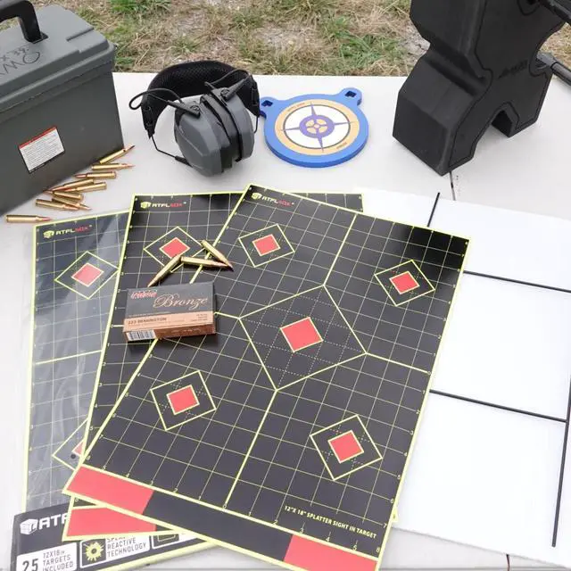 Alt view image 7 of 7 - 12x18 inch Sight in Splatter Paper Target and Adhesive Target Sticker, Two-Color Bright Fluorescent Yellow and White, Easily seen on Impact for Indoor and Outdoor Shooting Range