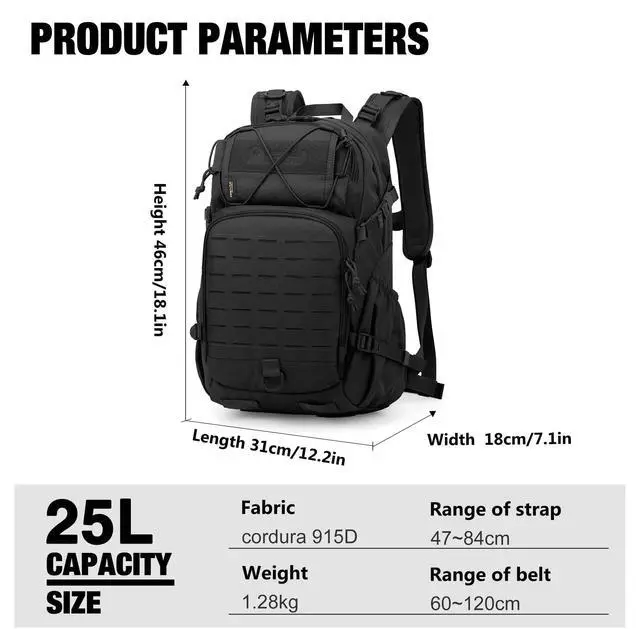 Alt view image 2 of 7 - Small Military Tactical Backpack for Men,25L Molle Cordura Backpack for Hiking,Camping,Rucking