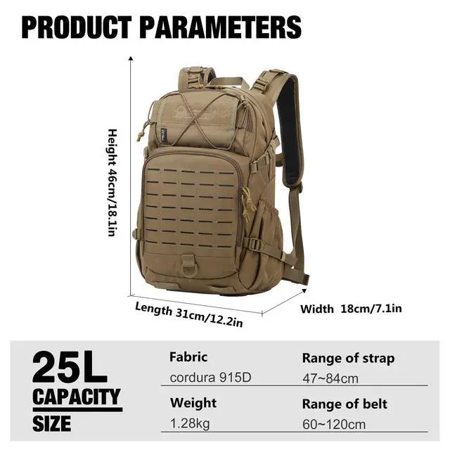 Alt view image 2 of 7 - Small Military Tactical Backpack for Men,25L Molle Cordura Backpack for Hiking,Camping,Rucking