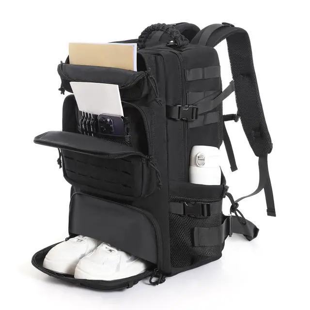 Alt view image 4 of 6 - Tactical Travel Backpack for Men, 35L Military Backpack with Shoe Compartment, 1000D Water Resistant Molle Army Tactical Gear Assault Pack Bag Rucksack for Outdoor Survival Hiking Gym, Black