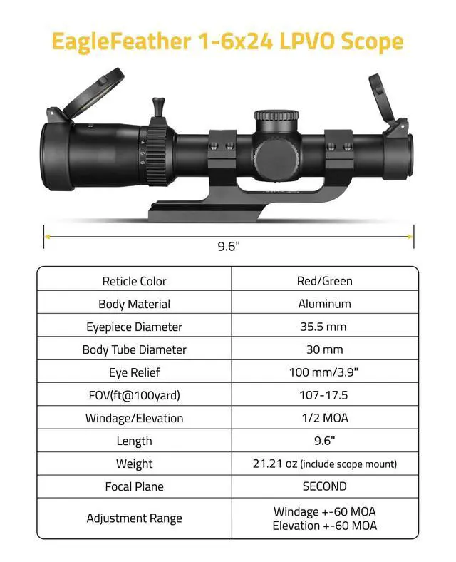 Alt view image 3 of 7 - EagleFeather LPVO Rifle Scope with 30mm Cantilever Mount, 5 Levels Red & Green Illumination Reticle, Second Focal Plane Scopes with Zero Reset