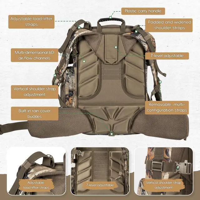 Alt view image 3 of 7 - Upgraded Hunting Backpack,With Padded Weapon Compartment for Bow RifleFor Deer and Elk HuntingHunting bag with Rain Cover(Forest Floor)