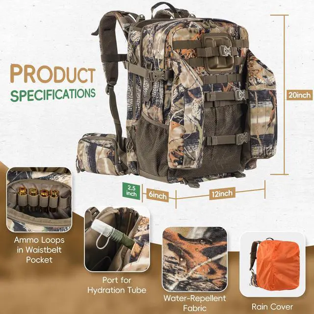 Alt view image 5 of 7 - Upgraded Hunting Backpack,With Padded Weapon Compartment for Bow RifleFor Deer and Elk HuntingHunting bag with Rain Cover(Forest Floor)