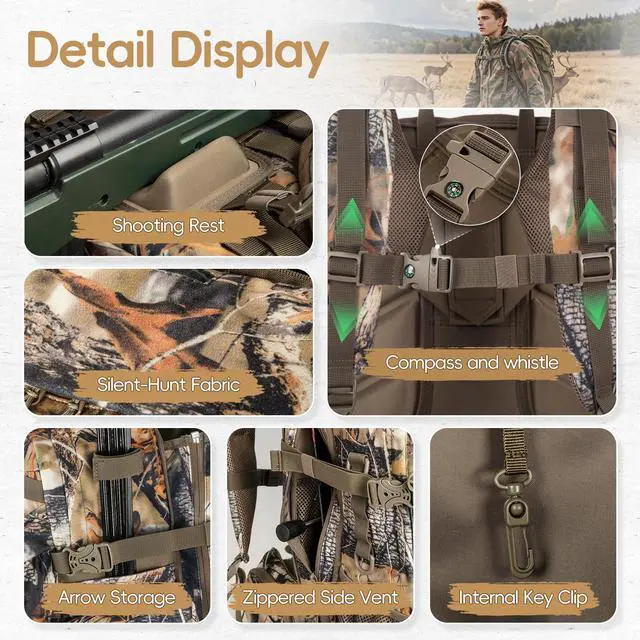 Alt view image 6 of 7 - Upgraded Hunting Backpack,With Padded Weapon Compartment for Bow RifleFor Deer and Elk HuntingHunting bag with Rain Cover(Forest Floor)