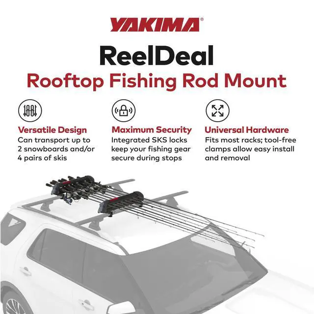 Alt view image 2 of 7 - Fishing Pole Rod Car Rack Mount, ReelDeal 4 Ski & 2 Snowboard Holder w/ SKS Locks - Heavy-Duty and Portable Vehicle Storage Accessories for Travel Organization