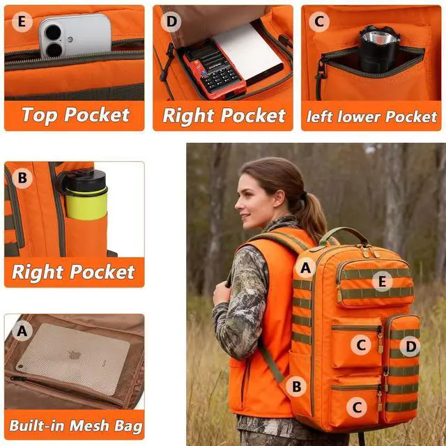 Alt view image 4 of 6 - Tactical High-Visibility Orange Backpack for Men Women,30L Military Waterproof MOLLE Backpack Outdoor Ideal for Outdoor, Hiking, Camping, Hunting and Emergency Preparedness