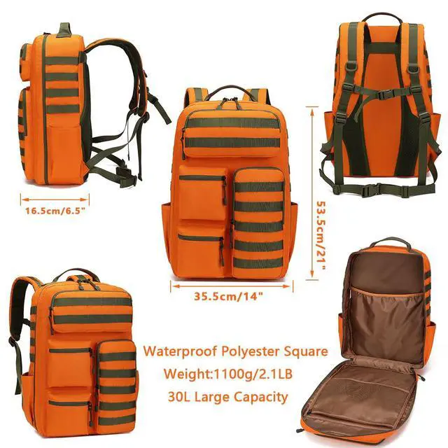Alt view image 5 of 6 - Tactical High-Visibility Orange Backpack for Men Women,30L Military Waterproof MOLLE Backpack Outdoor Ideal for Outdoor, Hiking, Camping, Hunting and Emergency Preparedness