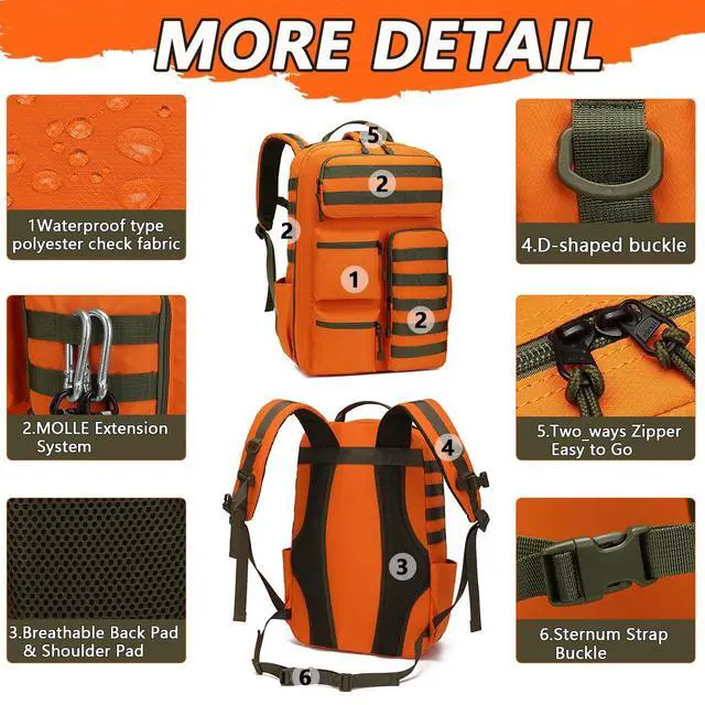 Alt view image 6 of 6 - Tactical High-Visibility Orange Backpack for Men Women,30L Military Waterproof MOLLE Backpack Outdoor Ideal for Outdoor, Hiking, Camping, Hunting and Emergency Preparedness