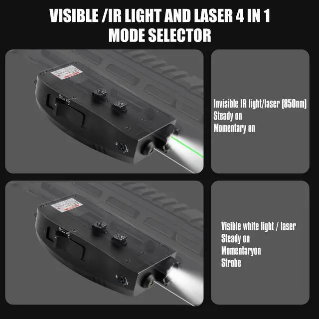 Alt view image 4 of 7 - 2000 Lumen Mlok and Picatinny Mounted Tactical Flashlight Green Laser Infrared(IR) Laser 3 in 1 Combo, with Remote Pressure Switch for Rifle
