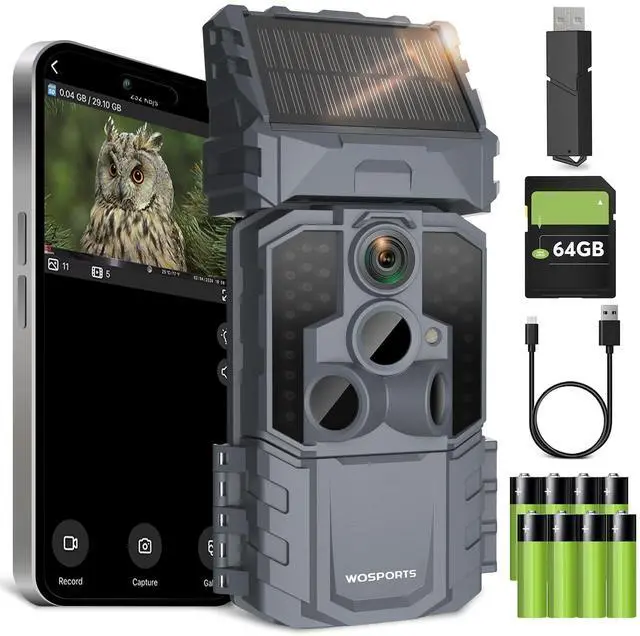 Main image of Solar WiFi Trail Camera with 7800mAh Built-in Battery, 48MP Game Camera for 24/7 Wildlife Security, 0.1s Trigger, IP66 Waterproof Wildlife Cameras with 8 AA Batteries & 64GB SD Card