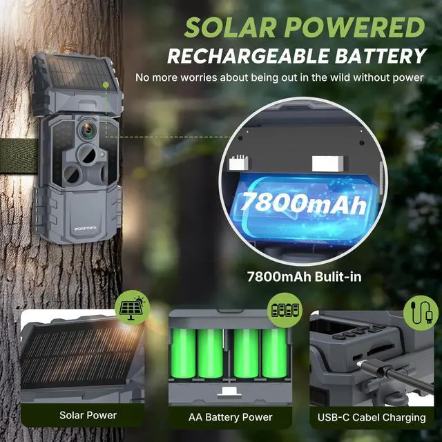 Alt view image 2 of 7 - Solar WiFi Trail Camera with 7800mAh Built-in Battery, 48MP Game Camera for 24/7 Wildlife Security, 0.1s Trigger, IP66 Waterproof Wildlife Cameras with 8 AA Batteries & 64GB SD Card