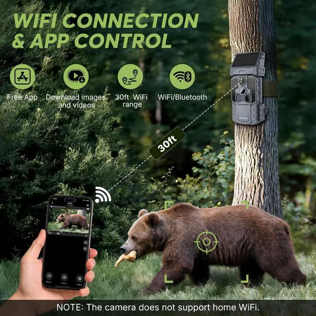 Alt view image 3 of 7 - Solar WiFi Trail Camera with 7800mAh Built-in Battery, 48MP Game Camera for 24/7 Wildlife Security, 0.1s Trigger, IP66 Waterproof Wildlife Cameras with 8 AA Batteries & 64GB SD Card