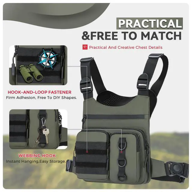 Alt view image 2 of 7 - Outdoor Chest Bag for Men, Lightweight Adjustable Running Vest, Water Resistant EDC Chest Pack with Water Bottle Pocket, Breathable Back Pad for Hiking Cycling Fishing Travel (Olive)