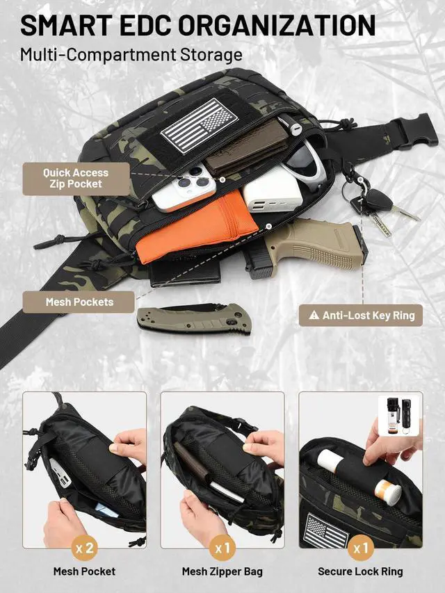 Alt view image 6 of 7 - Tactical Sling Bag, Fanny Pack,2in1,CCW & EDC Shoulder Bag with MOLLE & Pistol Holster - 1000D Adjustable Strap for Outdoor Carry Men & Women