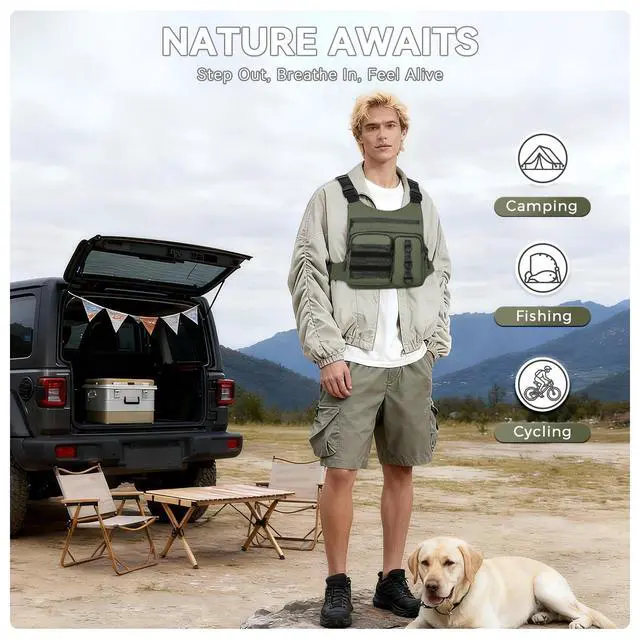 Alt view image 5 of 7 - Outdoor Chest Bag for Men, Lightweight Adjustable Running Vest, Water Resistant EDC Chest Pack with Water Bottle Pocket, Breathable Back Pad for Hiking Cycling Fishing Travel (Olive)