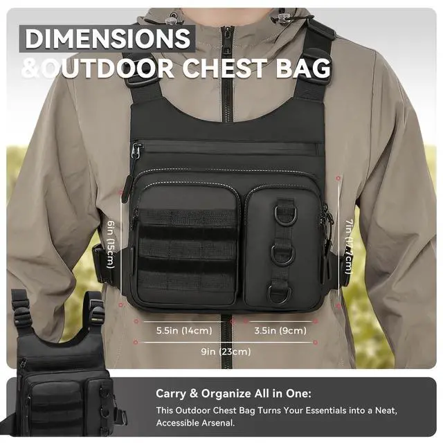 Alt view image 2 of 7 - Tactical Chest Bag for Men, Lightweight Adjustable Running Vest, Water Resistant EDC Chest Pack with Water Bottle Pocket, Breathable Back Pad for Hiking Cycling Fishing Travel (Black)
