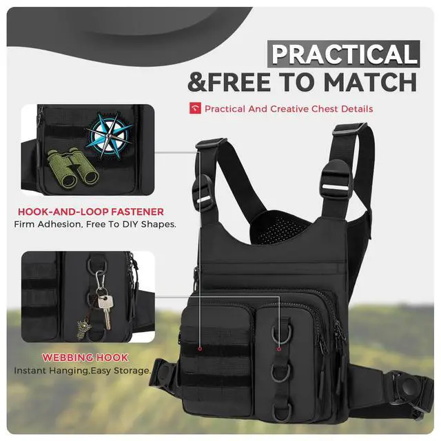 Alt view image 3 of 7 - Tactical Chest Bag for Men, Lightweight Adjustable Running Vest, Water Resistant EDC Chest Pack with Water Bottle Pocket, Breathable Back Pad for Hiking Cycling Fishing Travel (Black)