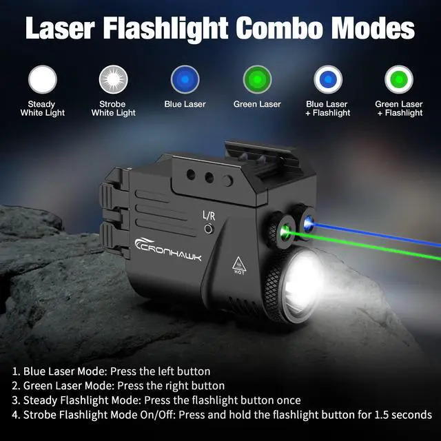 Alt view image 3 of 7 - 500 Lumen Blue Green Laser Light for Pistol, Rechargeable Rail Mounted Flashlight Laser Combo for Picatinny Rail, Magnetic Charging