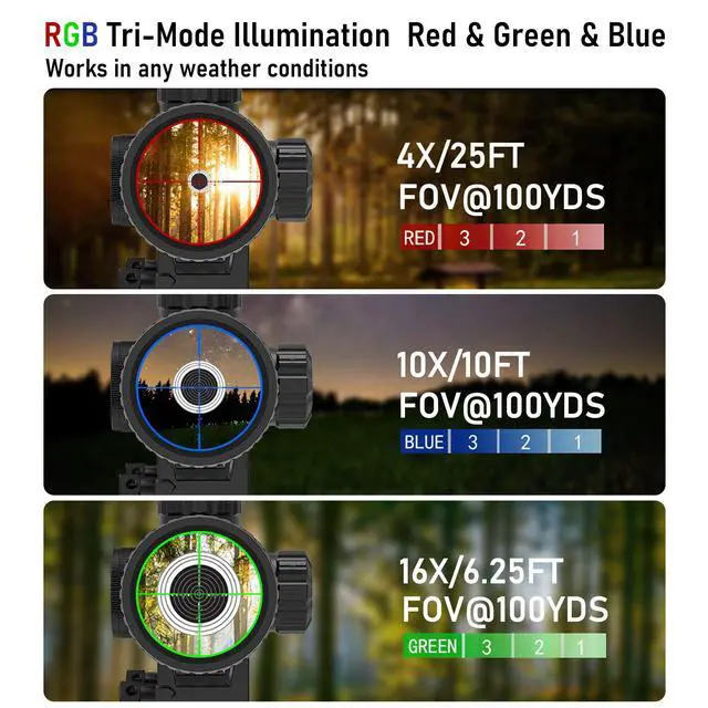 Alt view image 3 of 7 - 4-16X44AO Rifle Scope for Hunting, Fits 11mm/20mm Mounts, SFP Long Range Optics with R/G/B Illumination, Crosshairs Reticle, Front Parallax Adjustment, Locking Turret, Sunshade